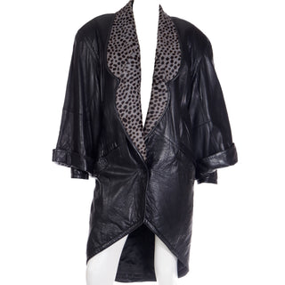 1980s Marc Buchanan Pelle Pelle Black Leather Coat With Leopard Dyed Pony Fur