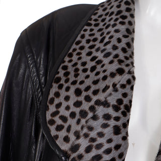 1980s Marc Buchanan Pelle Pelle Black Leather Coat With Leopard Dyed Pony Fur Lapels & Double Sleeves