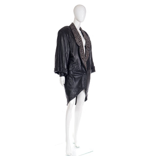 1980s Marc Buchanan Pelle Pelle Black Leather Coat With Leopard Dyed Pony Fur Asymmetrical