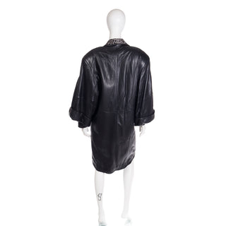 1980s Marc Buchanan Pelle Pelle Black Leather Coat With Leopard Dyed Pony Fur Longer in Back