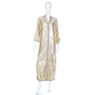 1960s Vintage Gold Lamé Moroccan Metallic Caftan Maxi Dress w Braided Trim