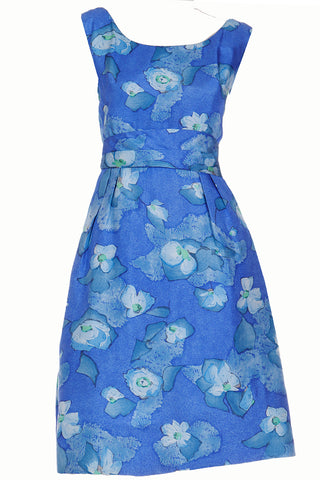 1960s Miss Bergdorf Vintage Blue Floral Sleeveless Dress w Low Open Back