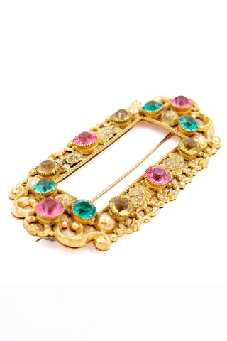Victorian Gold Repousse Brooch Sash Pin With Colored Rhinestones