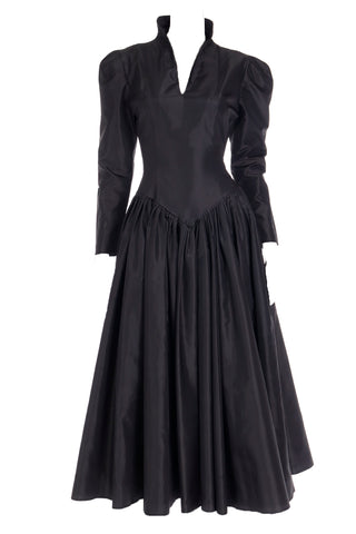 1980s Norma Kamali Black Taffeta Dress with Victorian Style