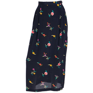 1980s Norma Kamali Black Midi Skirt in Colorful Floral Print Vintage S