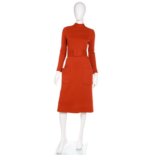 1960s Norman Norell Orange Knit Vintage Day Dress With Belt