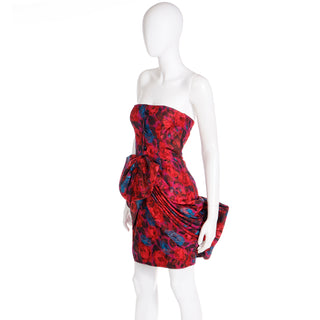 1980s Odicini Couture Red Floral Silk Strapless Draped Bow Mini Vintage Evening Dress