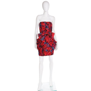 1980s Odicini Couture Red Floral Silk Strapless Draped Bow Mini Evening Dress XS