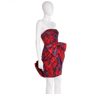 1980s Odicini Couture Red Floral Silk Strapless Draped Bow Mini Evening Dress Size XS
