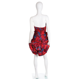1980s Odicini Couture Red Floral Silk Strapless Draped Bow Mini Evening Dress XS/S