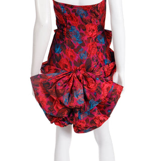 Rare 1980s Odicini Couture Red Floral Silk Strapless Draped Bow Mini Evening Dress