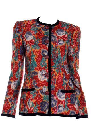 Oscar de la Renta Multi Color Floral Jacquard Velvet Trimmed Vintage Jacket