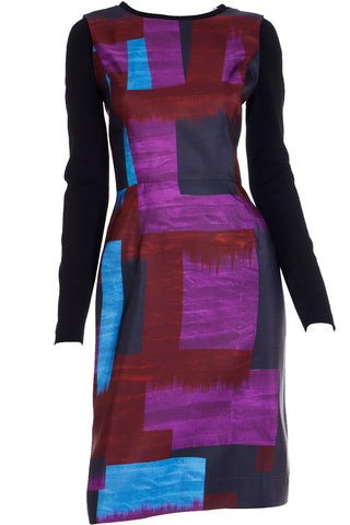 2010s Oscar de la Renta Purple & Blue Colorful Abstract Print Silk Dress