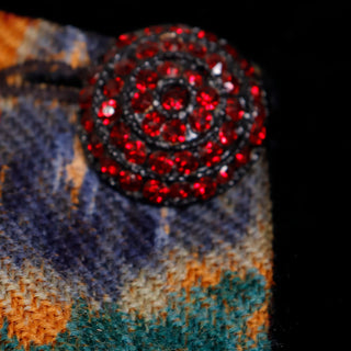 Oscar de la Renta Multi Color Floral Jacquard Velvet Trimmed Vintage Jacket w Red Crystal Buttons