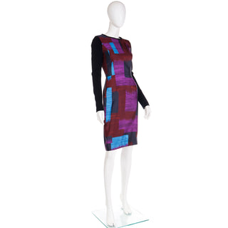 2010s Oscar de la Renta Purple & Blue Colorful Abstract Print Silk Sheath Dress