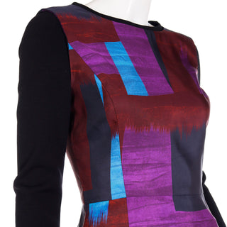 2010s Oscar de la Renta Purple & Blue Colorful Abstract Print Silk Dress with Knit sleeves