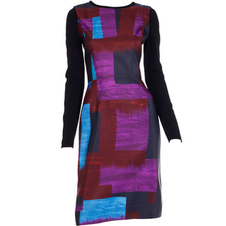 2010s Oscar de la Renta Purple & Blue Colorful Abstract Print Silk Dress w knit trim & Sleeves