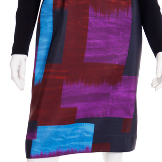 2010s Oscar de la Renta Purple & Blue Colorful Bold Abstract Print Silk Dress
