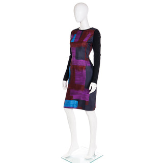 2010s Oscar de la Renta Purple & Blue Colorful Abstract Print Silk Dress with Knit trim