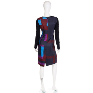 2010s Oscar de la Renta Purple & Blue Colorful Abstract Print Silk & Knit Sheath Dress 