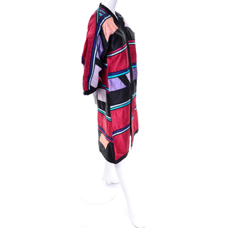 1960s Colorful Patchwork Art Satin Coat Reversible to Black Jacket
