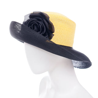 Patricia Underwood 90s Vintage Yellow and Black Upturned Brim Hat With Black Flower 