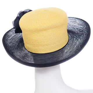 Patricia Underwood Yellow and Black Vintage Upturned Brim Hat W Black Flower