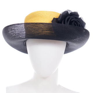 1990s Vintage Yellow and Black Upturned Brim Hat With Flower Patricia Underwood