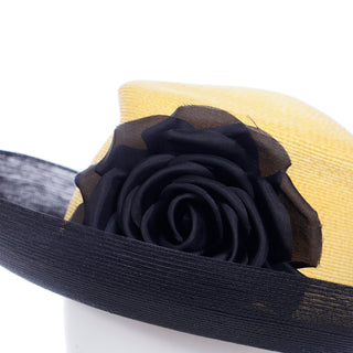 Patricia Underwood Yellow & Black Upturned Brim Hat With Black Rose Flower