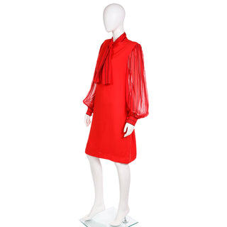 1980s Pauline Trigere Vintage Red Dress W Sheer Striped Sleeves