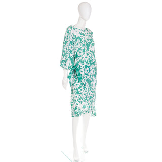 1980s Pierre Cardin Green and White Floral Draped Asymmetrical Vintage Dress