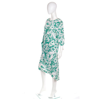 Vintage 1980s Pierre Cardin Green and White Floral Draped Asymmetrical Designer Dress