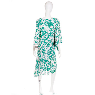 1980s Pierre Cardin Green and White Floral Draped Vintage Asymmetrical Dress