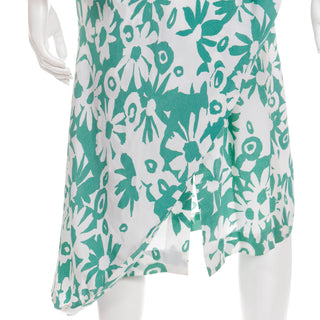 1980s Pierre Cardin Green and White Floral Draped Asymmetrical Dress Deadstock with tags