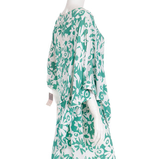 1980s Pierre Cardin Green and White Floral Draped Asymmetrical Dress Deadstock