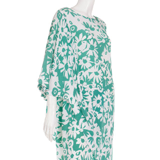 1980s Pierre Cardin Vintage Green & White Floral Draped Asymmetrical Dress