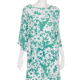 1980s Pierre Cardin Green and White Floral Draped Asymmetrical Dress Made in France