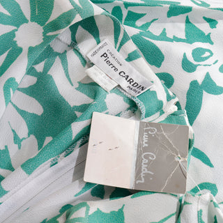 1980s Pierre Cardin Green and White Floral Draped Asymmetrical Dress with original Tag attached