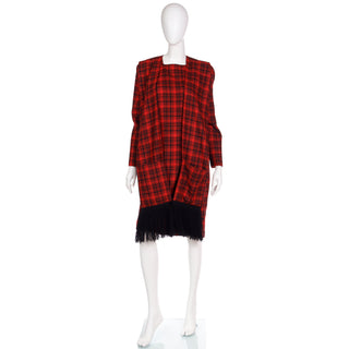 1970s Pierre Cardin Red Plaid Dress with Fringed Scarf Panels w Pockets