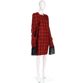 1970s Pierre Cardin Red Plaid Vintage Dress w Fringed Scarf w Pockets
