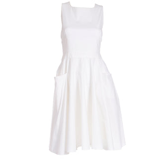 2000s Prada White Cotton Apron Pinafore Dress w Pockets and self tie sash