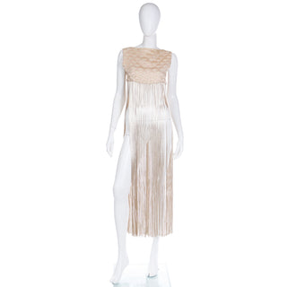 1970s Silky Soft Gold Long Vest W Mesh Fringe & Fish Scale Embroidery