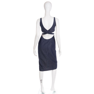 2000s Richard Tyler Collection Deep Blue Denim Wrap Dress w Open Back