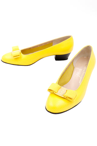 1980s Salvatore Ferragamo Yellow Snakeskin Embossed Leather Bow Shoes