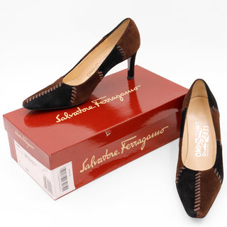 Salvatore Ferragamo Vintage Shoes Faux Patchwork Suede Pumps with box