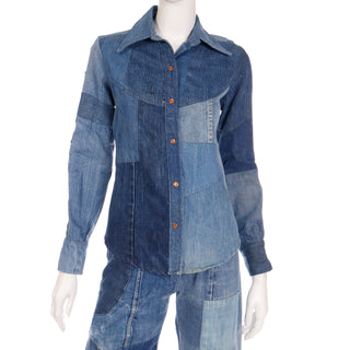 1970s Vintage Simis Multi Wash Patchwork Denim Jeans & Shirt Outfit Distressed