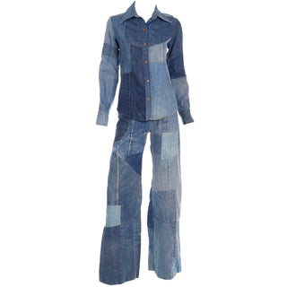 1970s Vintage Simis Multi Wash Patchwork Denim Jeans & Shirt Distressed 2 piece Outfit