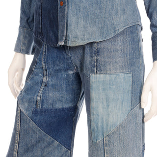 1970s Vintage Simis Multi Wash Distressed Patchwork Denim Bell Bottom Jeans & Shirt Outfit