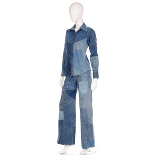 Rare 1970s Vintage Simis Multi Wash Patchwork Denim Jeans & Shirt 2 pc Outfit