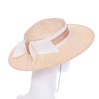 1980s Sonni Natural Straw Hat With Polka Dot Ribbon & Bow 22"